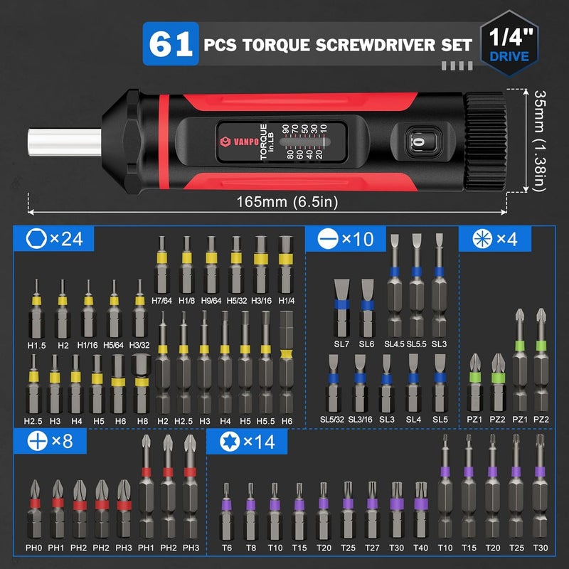 VANPO Torque Screwdriver, 10-90In-lb Torque Screw Driver Wrench Driver Set, 1/4” Drive Inch Pounds Torque Wrench Screwdriver with 60 S2 Bits for Maintenance, Tools, DIY, Bike Repairing and Mounting - Image 2